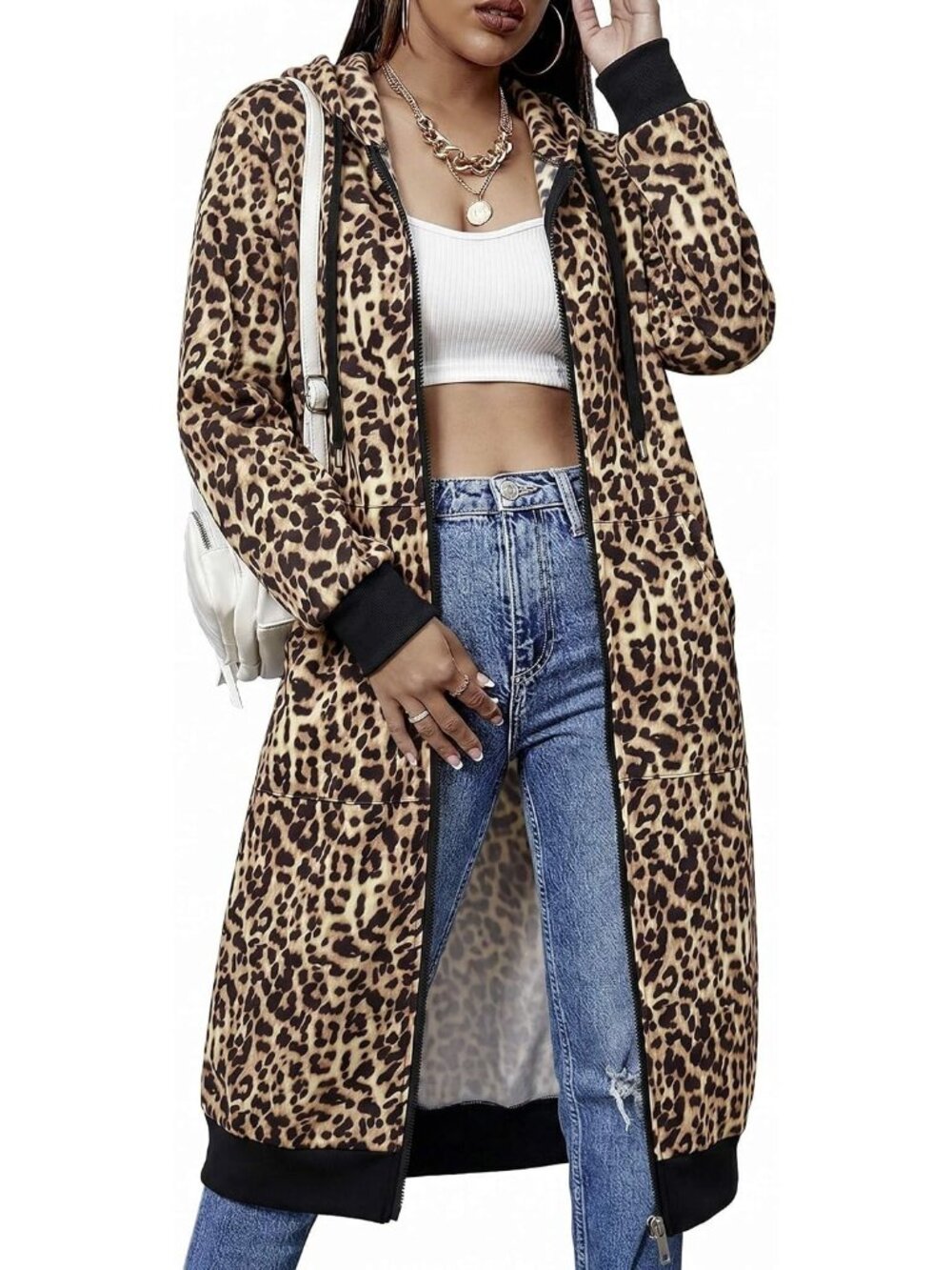 〽️Women's Leopard Casual Zip Up Fleece Tunic Oversized Pocket Long Hoodie Jacket
